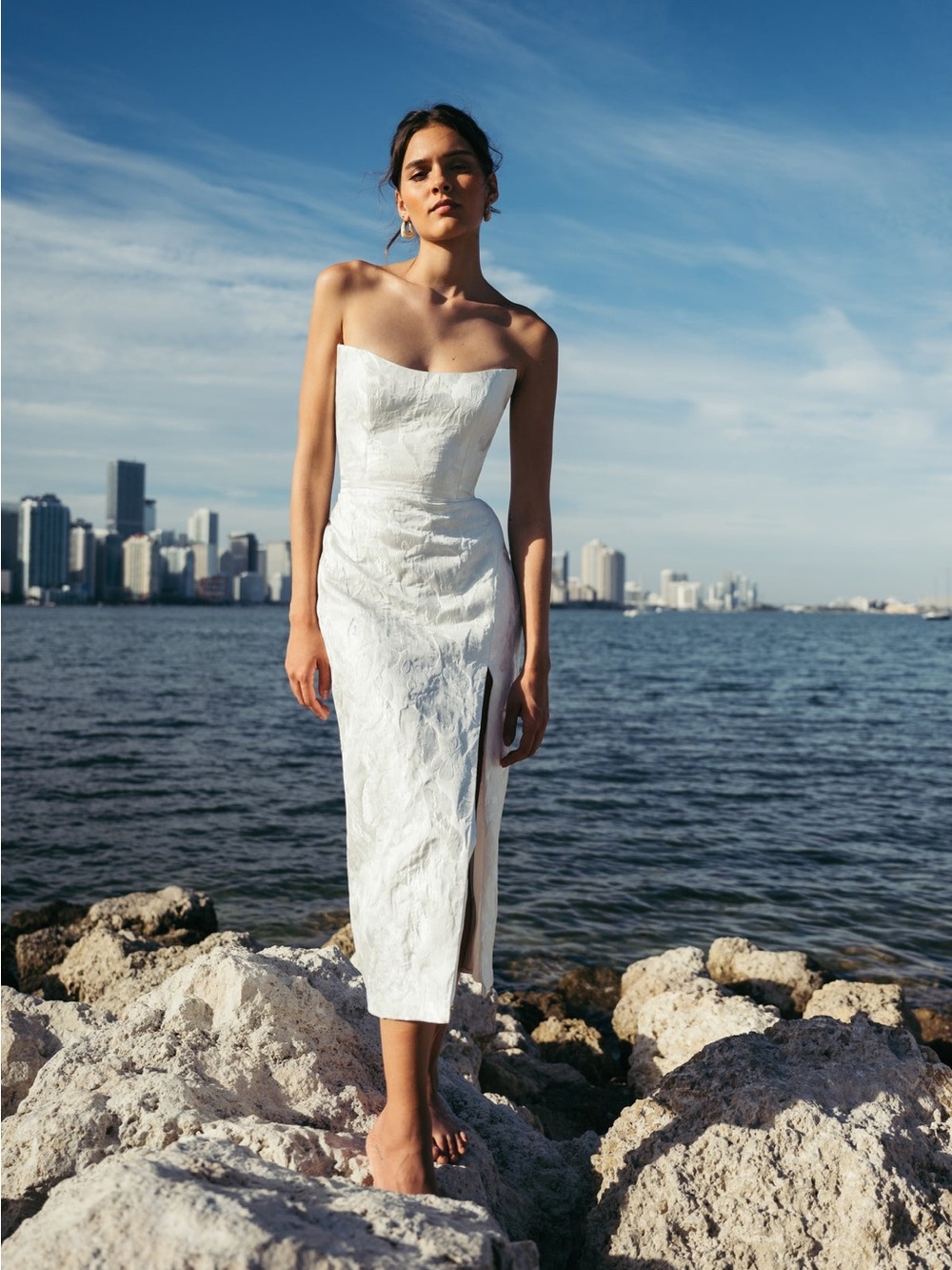 Jenny Yoo Strapless White Textured Midi Dress